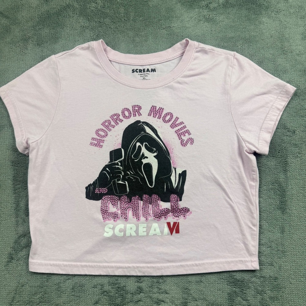 Scream VI Ghostface Horror Movies and Chill Pink Rhinestone Crop Top XL